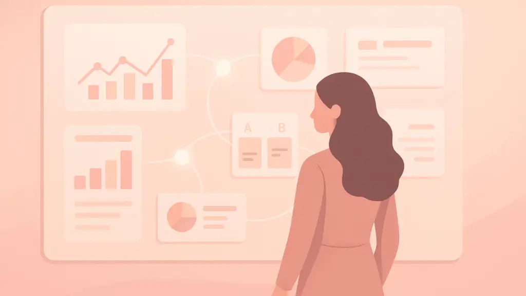 Illustration d’une femme observant un tableau de bord digital représentant le concept “tester vite, comprendre mieux” dans le growth marketing.