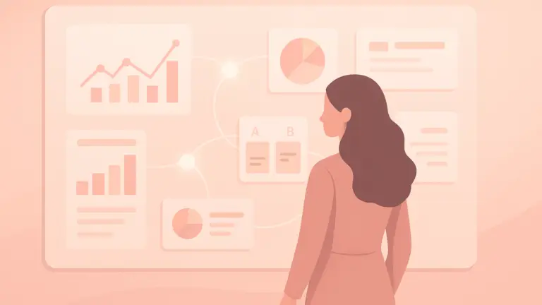Illustration d’une femme observant un tableau de bord digital représentant le concept “tester vite, comprendre mieux” dans le growth marketing.
