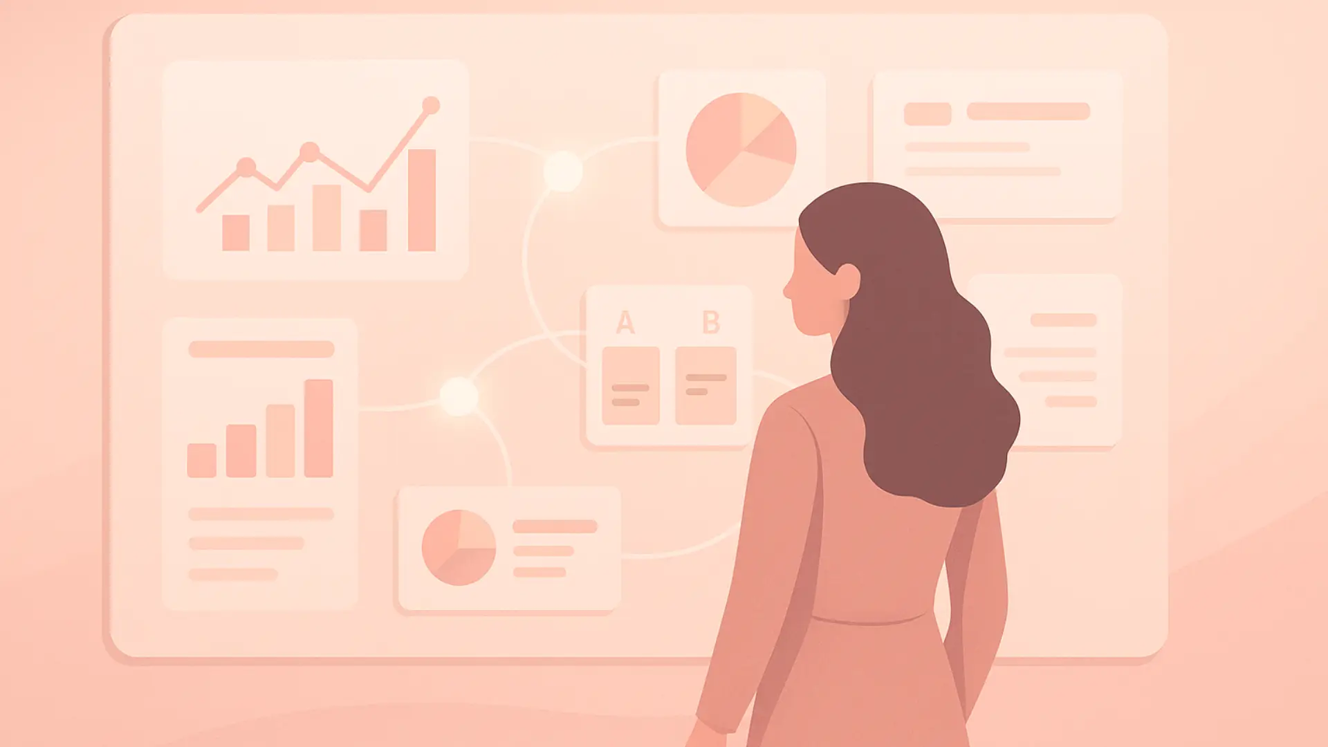 Illustration d’une femme observant un tableau de bord digital représentant le concept “tester vite, comprendre mieux” dans le growth marketing.
