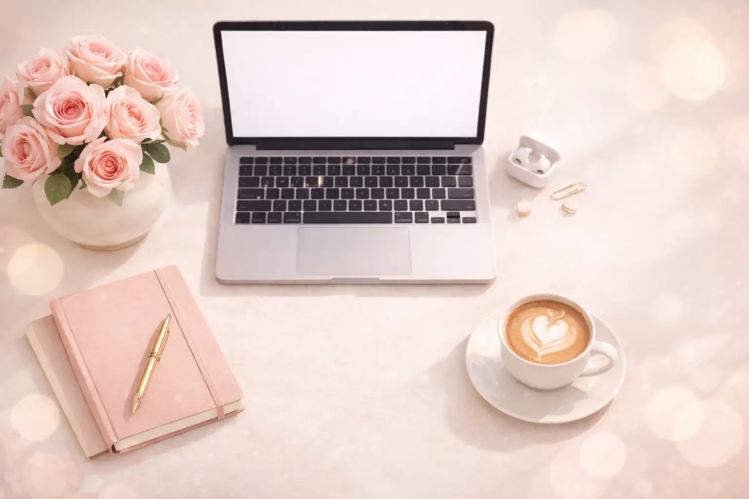 Bureau féminin élégant avec ordinateur portable, roses roses et café pour article sur le métier de responsable marketing en startup d'IA