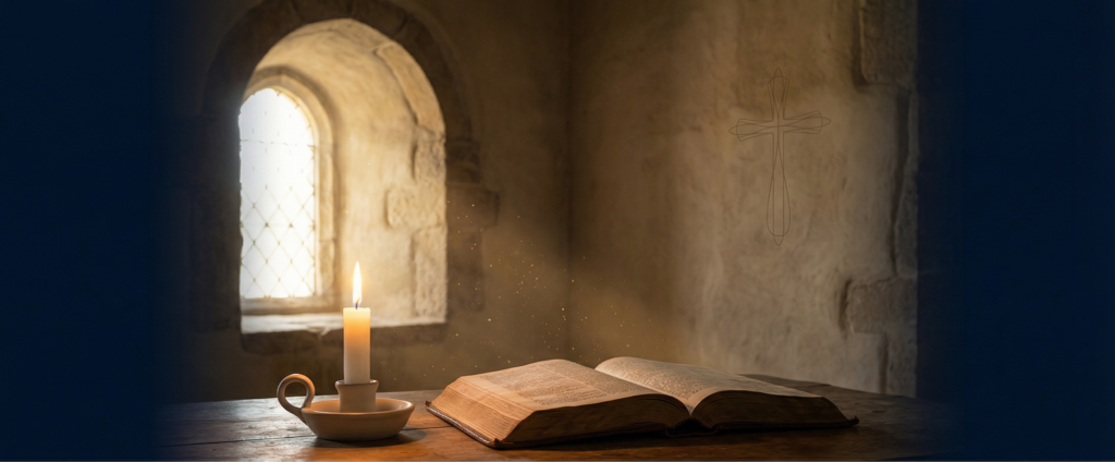 "Lumière dorée sur une Bible ouverte — rencontre personnelle avec Dieu vs énergie New Age"