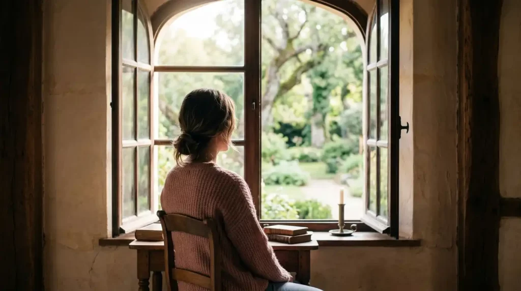 Femme regardant par la fenêtre dans l'attente paisible — confiance en Dieu
