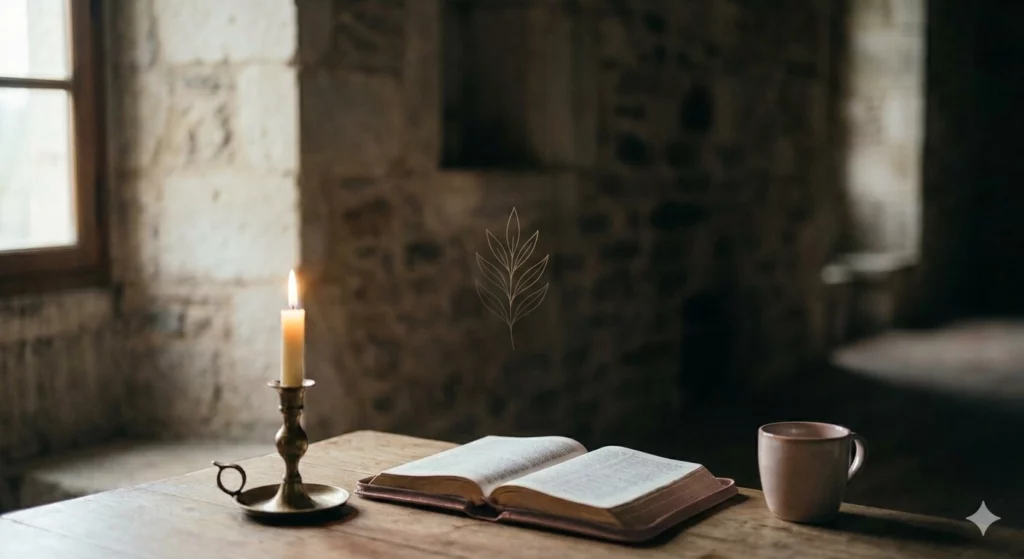 Mains jointes en prière sur une table en bois, lumière chaude — premiers pas vers Dieu pour combler le vide intérieur