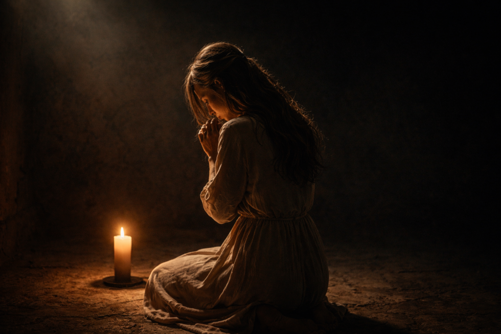 "Comment prier quand on ne sait pas quoi dire — femme en prière silencieuse devant une bougie"