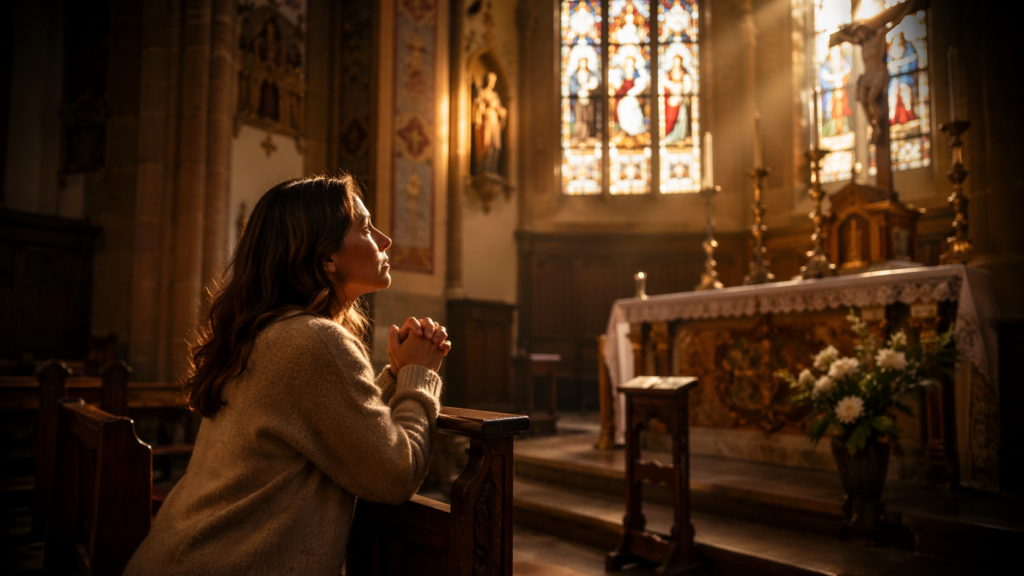 Femme en prière cherchant à discerner la volonté de Dieu