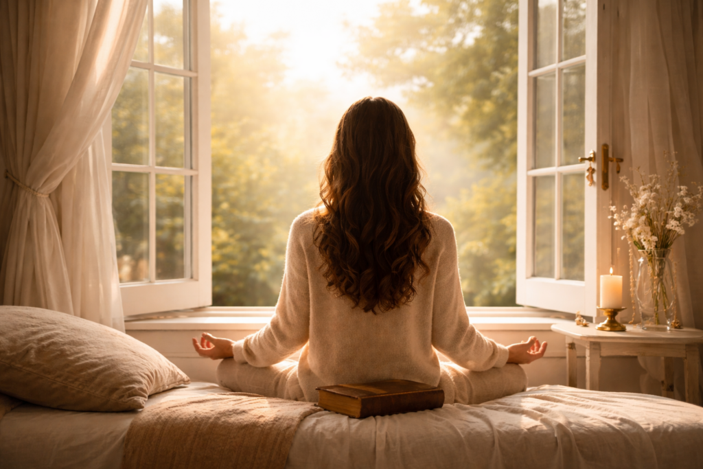 "Femme en silence face à la lumière — être en Christ plutôt que faire pour paraître"