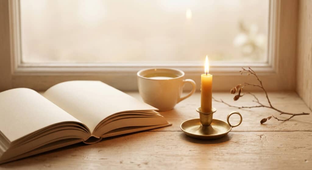 Livre ouvert et bougie dans une lumière chaude dorée — repos spirituel et fondement en Dieu après le New Age