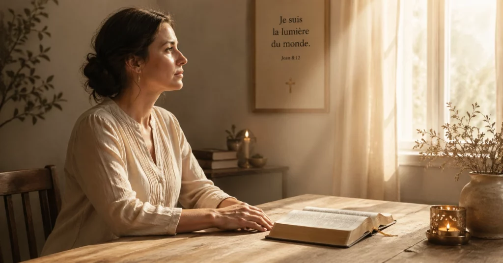 `femme en discernement entre force mentale et grâce de Dieu, Bible ouverte`