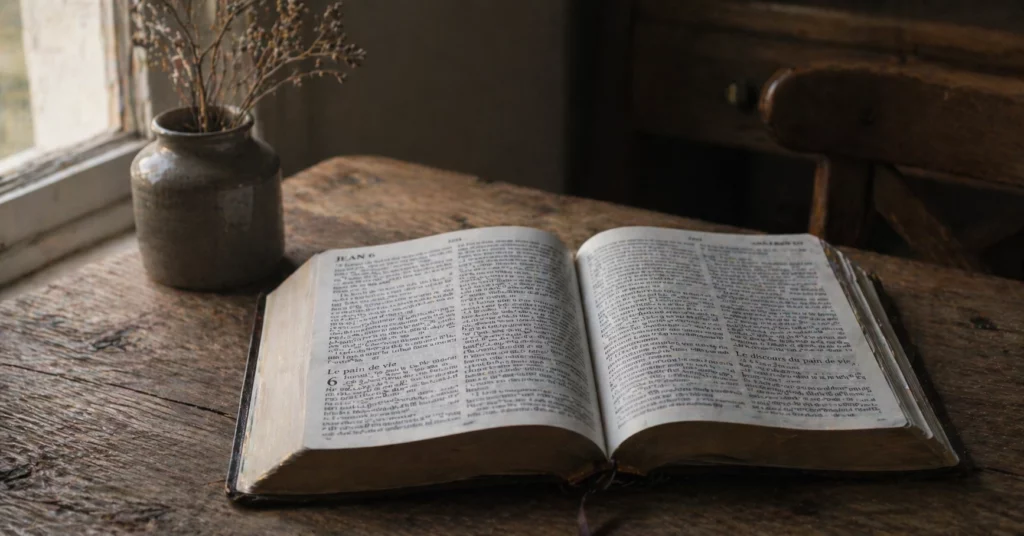 Bible ouverte à l'Évangile de Jean — Jean 6,27, travailler pour la nourriture qui demeure