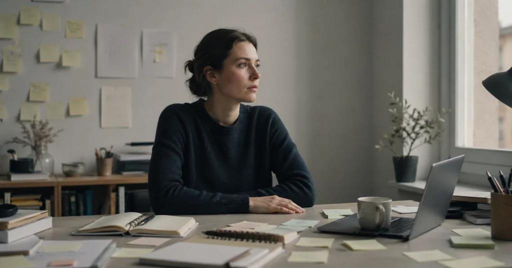 Femme épuisée devant son bureau malgré sa réussite — burnout existentiel et performance