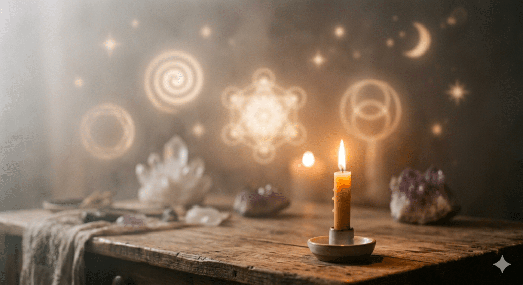 "Symboles ésotériques New Age flous — contraste avec lumière de la foi chrétienne"