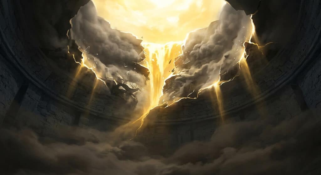 Vue de bas vers le haut, lumière percéant un plafond — limite du développement personnel et découverte de Dieu