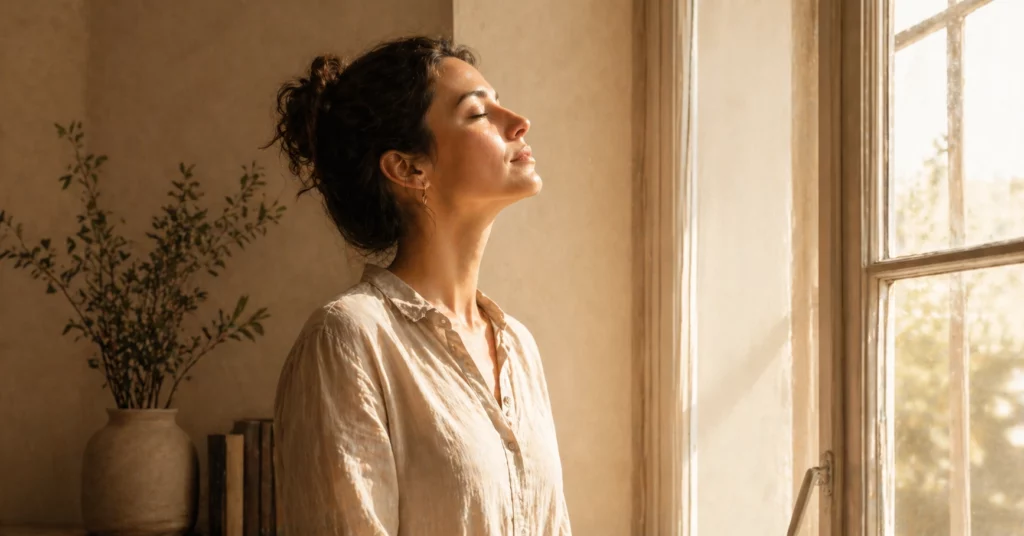 `paix intérieure signe de l'action de Dieu, femme chrétienne dans la prière silencieuse`