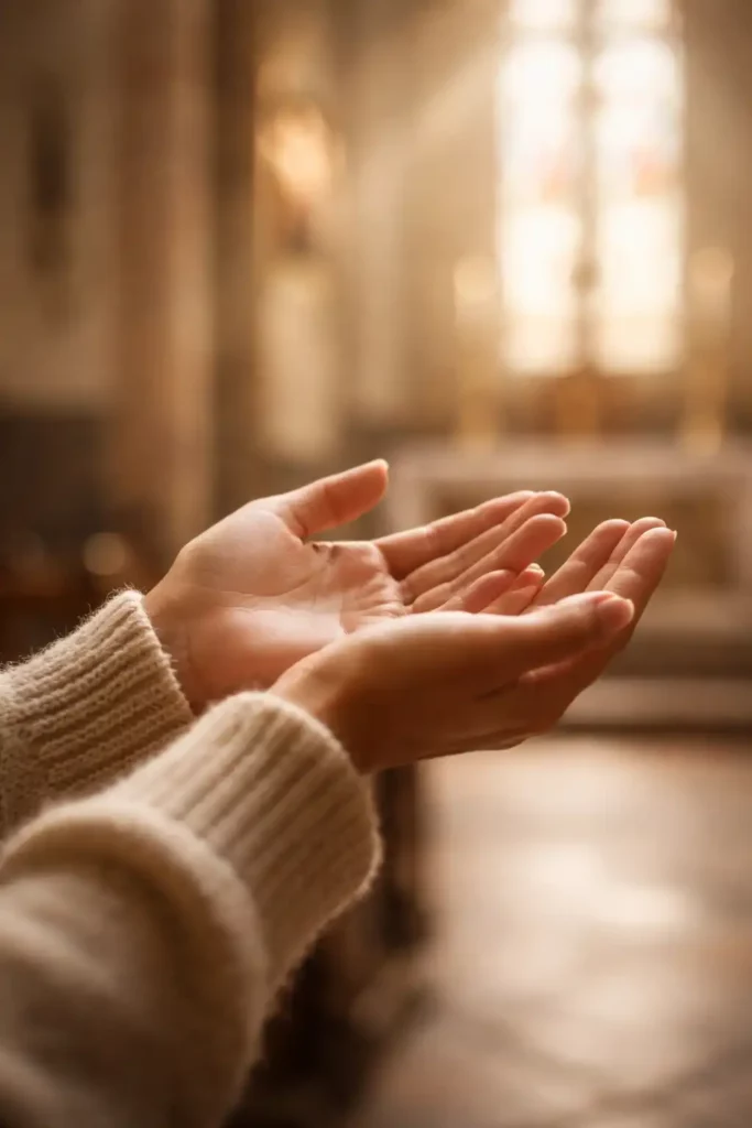 Femme en adoration eucharistique, pratique de la prière de remise