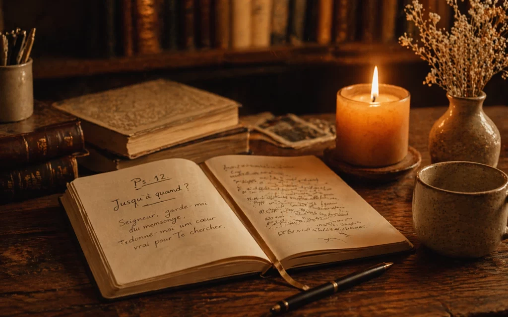 Carnet ouvert avec verset de Psaume manuscrit et bougie allumée