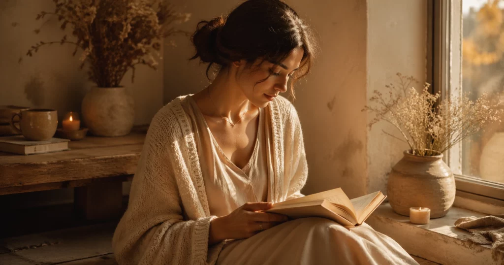 Femme lisant les Psaumes près d'une fenêtre dans une lumière naturelle dorée