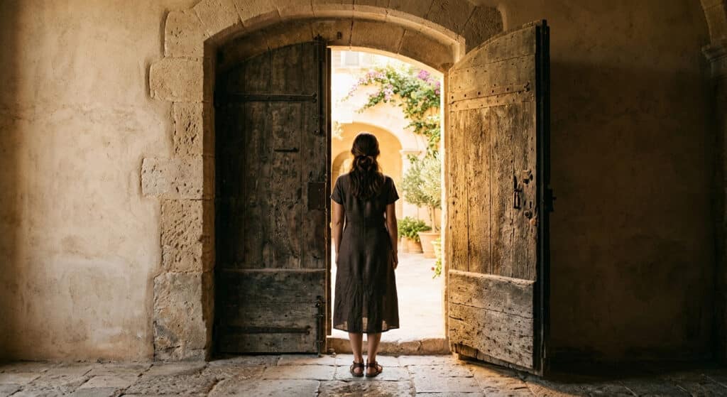 Femme au seuil d'une porte lumineuse — témoignage de conversion après le New Age