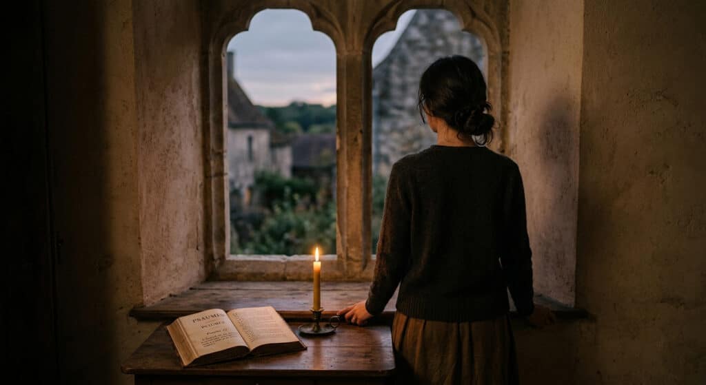 Femme cherchant Dieu devant une fenêtre en pierre — revenir à Dieu