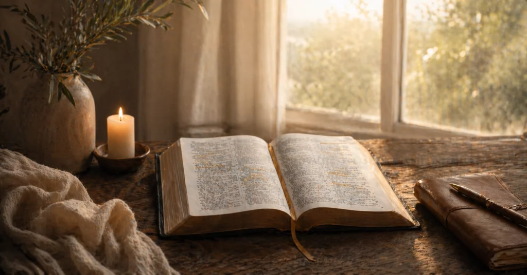 Bible ouverte sur fond de lumière naturelle, avec versets soulignés — la Parole de Dieu répond au vide intérieur