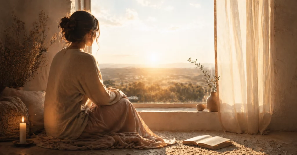 Femme assise en silence face à une fenêtre, lumière douce du matin — vide intérieur spirituel et chemin vers Dieu