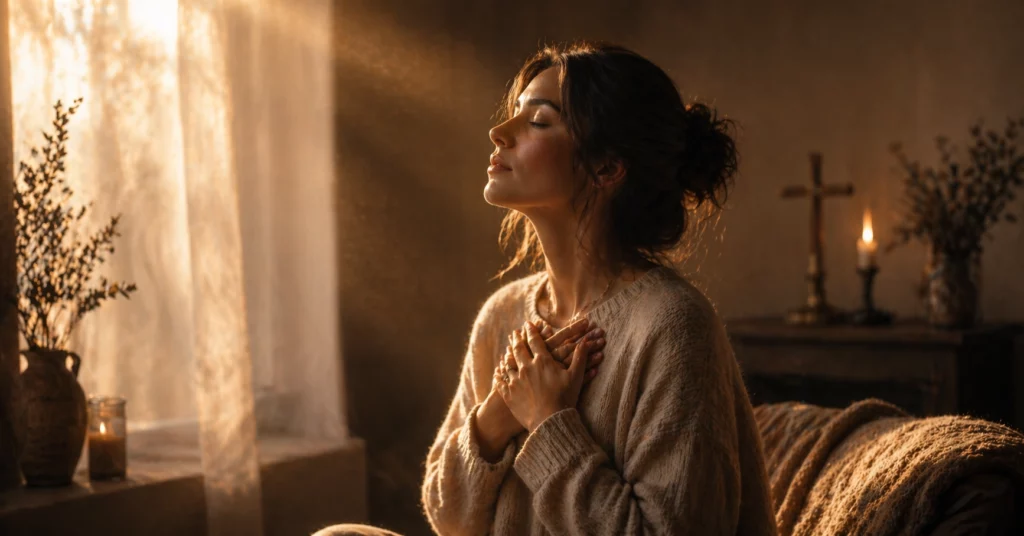 Femme les yeux fermés, mains croisées sur la poitrine, expression paisible — intériorité et soif spirituelle