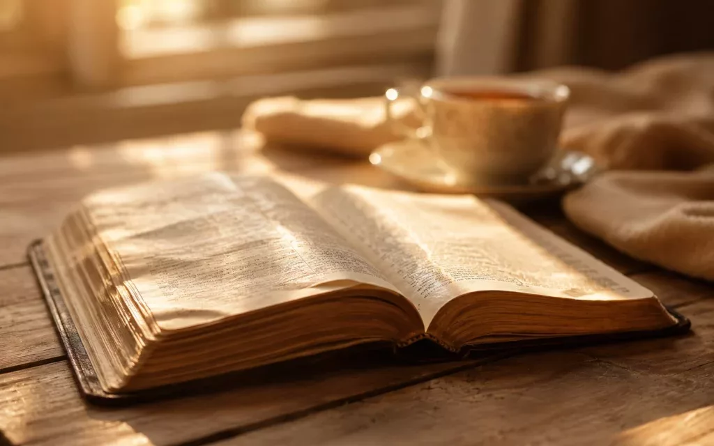 Bible ouverte dans lumière dorée rasante symbolisant les versets qui accompagnent le retour à Dieu