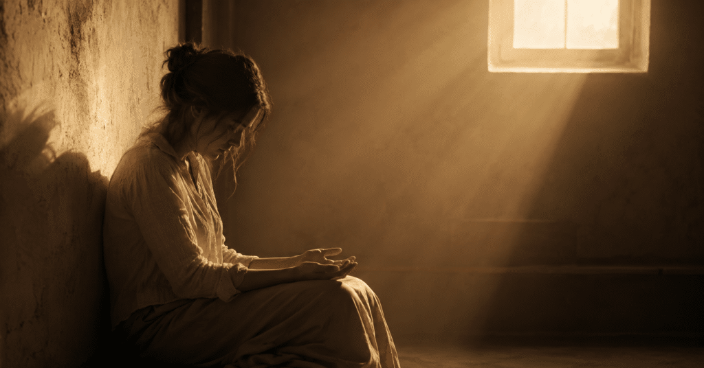 Femme épuisée dans la lumière — burnout spirituel et appel de Dieu