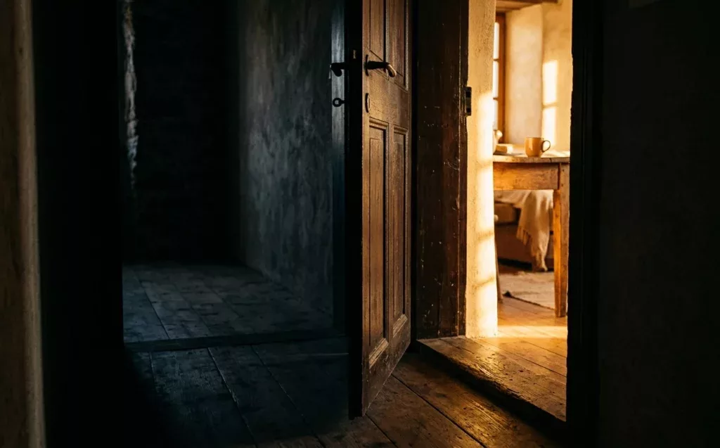 Porte entrebâillée entre pénombre et lumière chaude — syncrétisme catholique ésotérisme, choisir un chemin