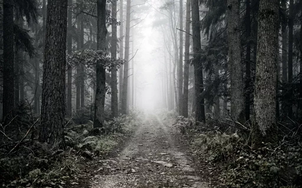 chemin qui disparaît dans le brouillard d'une forêt dense — crise de mi-vie et perte de sens