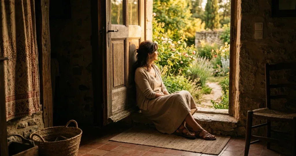 femme de profil au seuil d'une porte ouverte, lumière dorée — crise de la quarantaine ou appel de Dieu