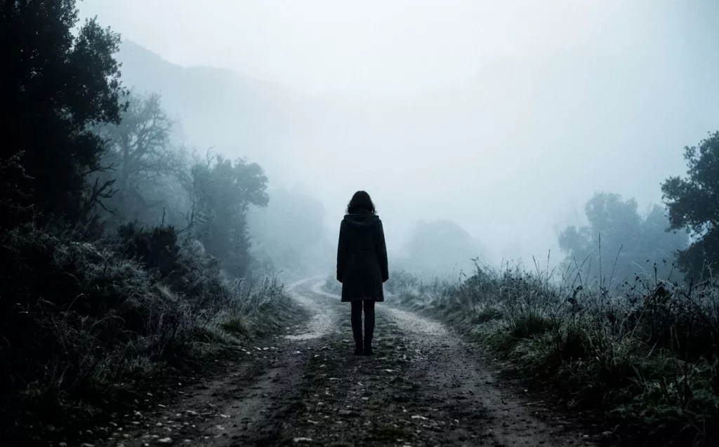 Silhouette seule sur un chemin dans le brouillard — dépendance aux oracles et tarots