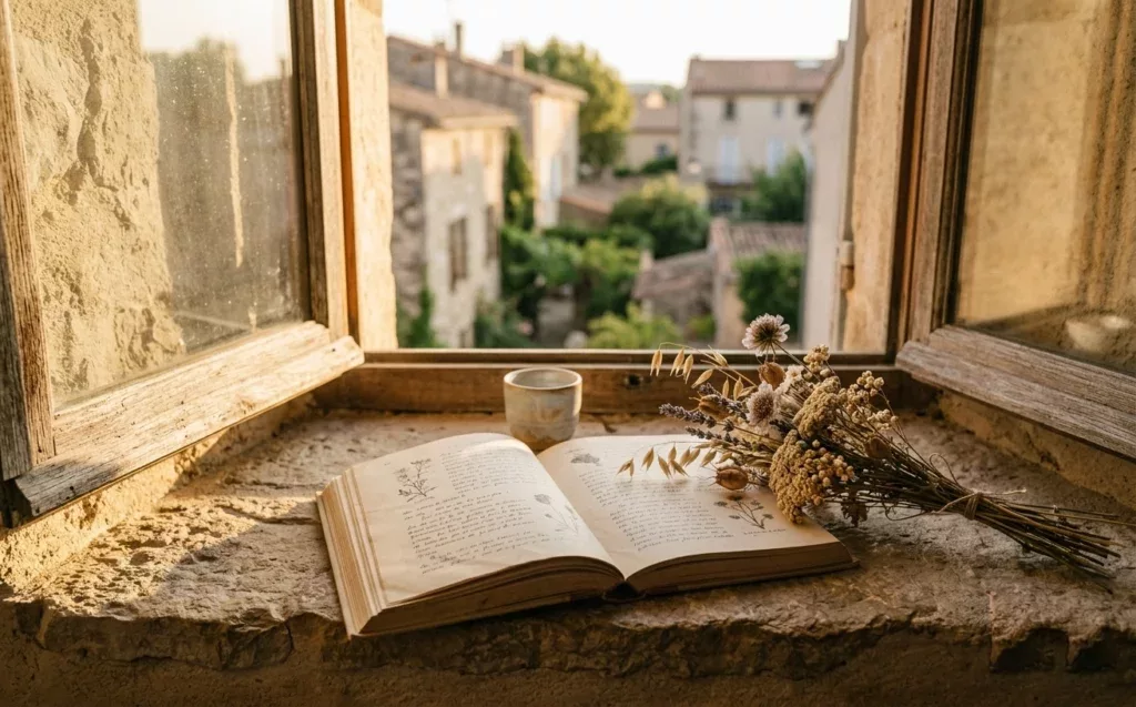 Livre ouvert sur rebord de fenêtre avec lumière dorée rasante — foi catholique vivante, sororité des saints