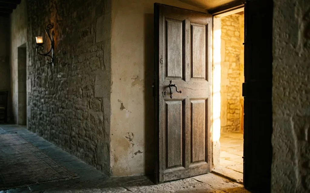 Porte entrebâillée sur une lumière dorée vive — revenir à Dieu après le New Age