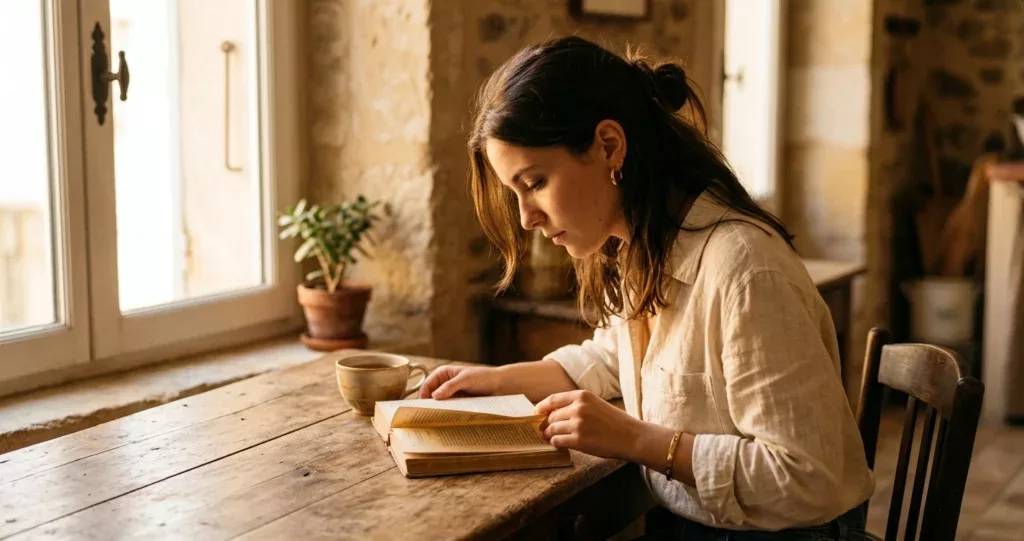 Femme assise lisant un livre dans une lumière dorée — cristaux oracles tarots et foi chrétienne