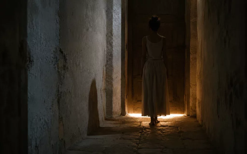 Silhouette de dos devant une porte fermée illustrant le sentiment d'être indigne de Dieu