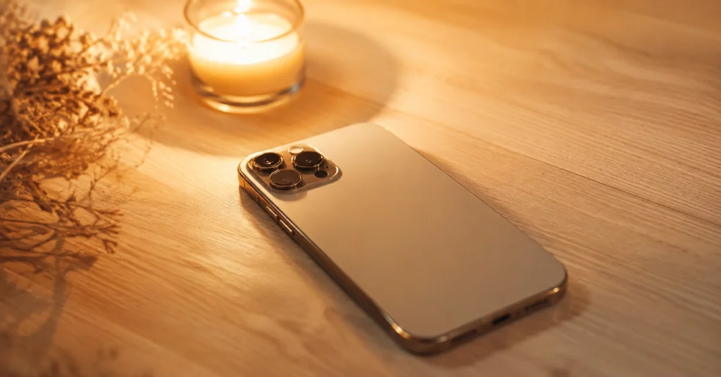 sobriété numérique chrétien — téléphone posé face contre table, bougie allumée, lumière dorée