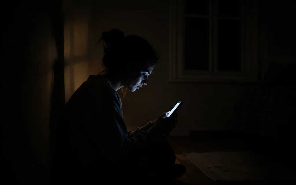 jeûne numérique foi — personne éclairée par son téléphone dans le noir, symbolisant l'addiction aux écrans