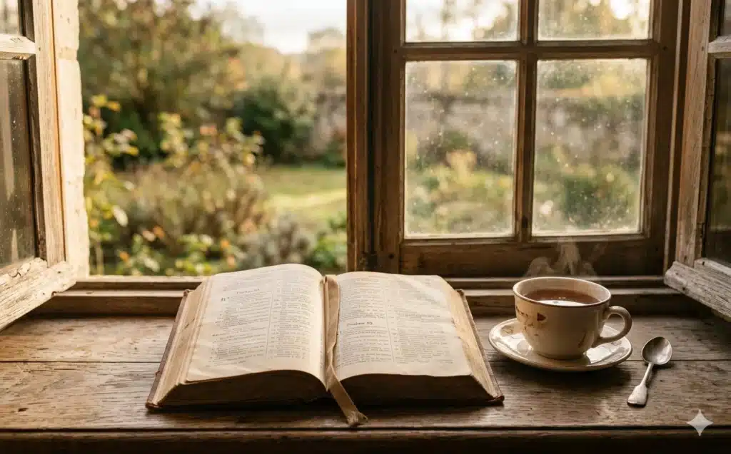 liberté intérieure numérique — Bible ouverte et tasse sur rebord de fenêtre baigné de lumière dorée