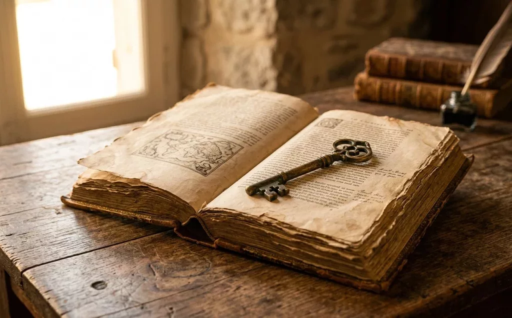 livre ouvert et clé ancienne dans lumière dorée rasante — kairos spirituel et retour à la foi