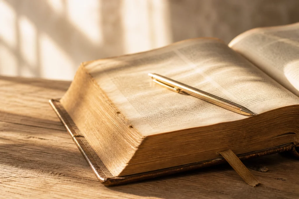 Bible ouverte sur une page de psaume, stylo posé à côté, lumière naturelle rasante