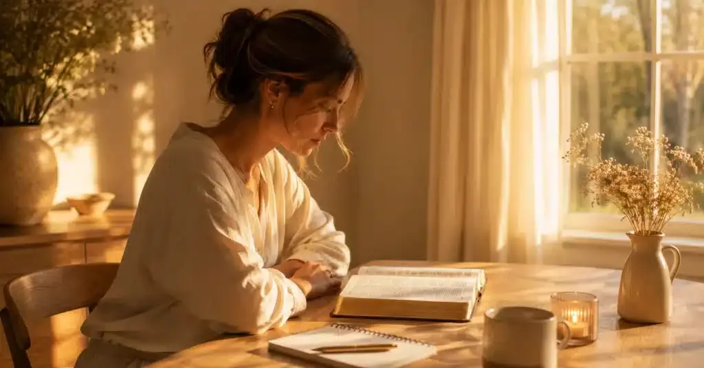 Plan de lecture Bible quotidien — femme assise à une table, Bible et carnet ouverts dans la lumière du matin
