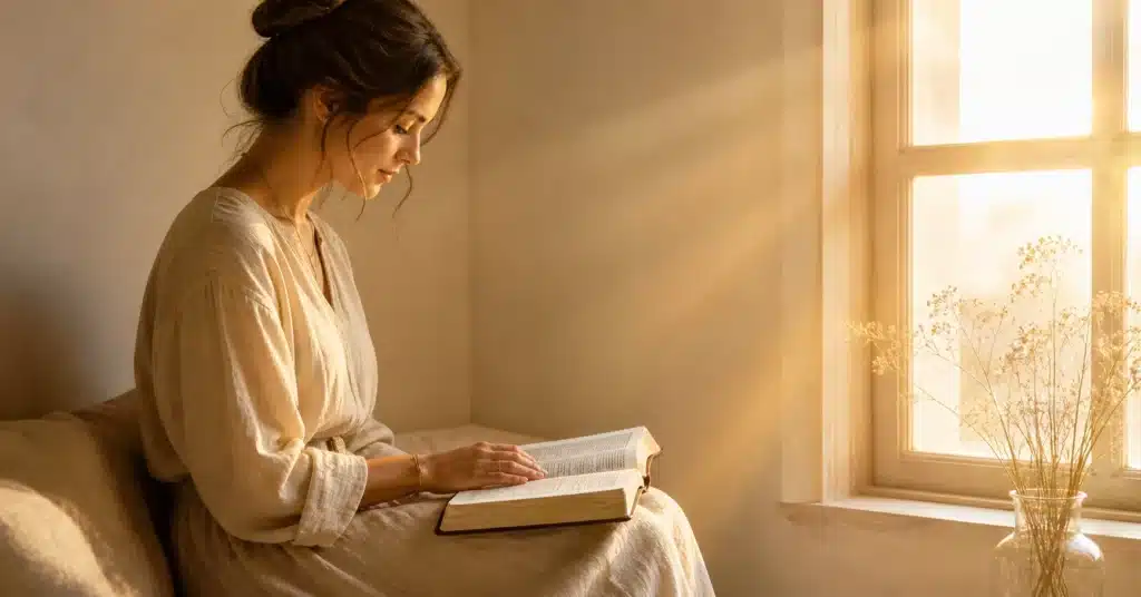 loi de l'attraction vs volonté de Dieu — femme lisant la Bible près d'une fenêtre lumineuse