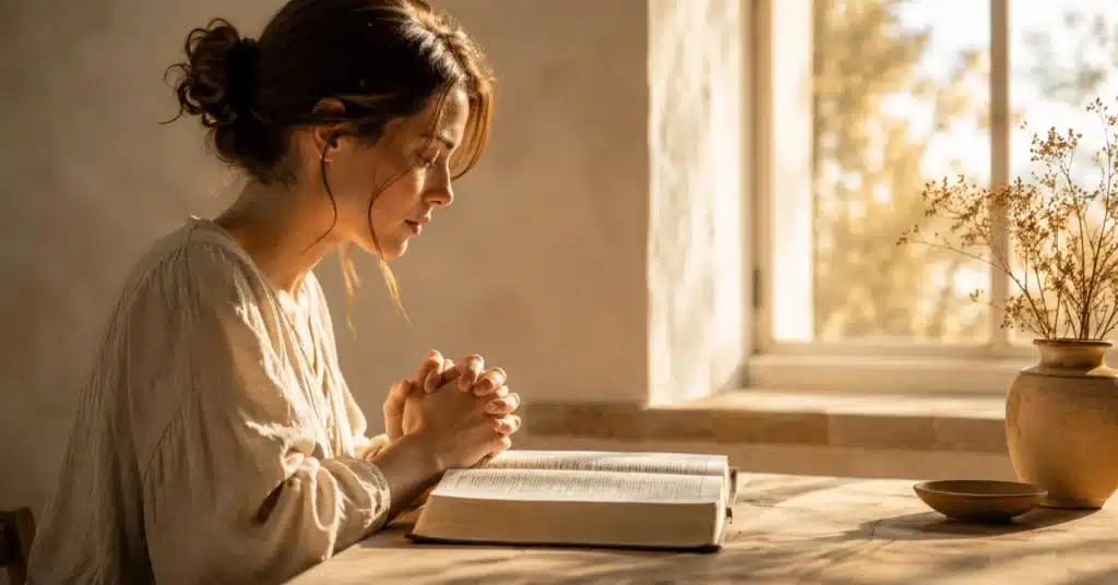 manifestation ou prière différence — femme en prière avec Bible près d'une fenêtre lumineuse