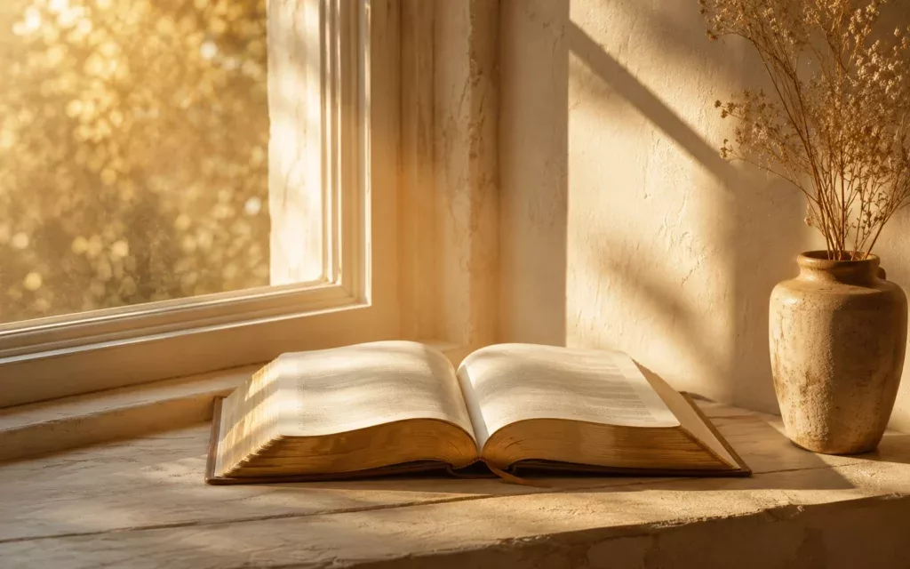 Bible ouverte dans la lumière du matin — méditation chrétienne lectio divina présence à Dieu