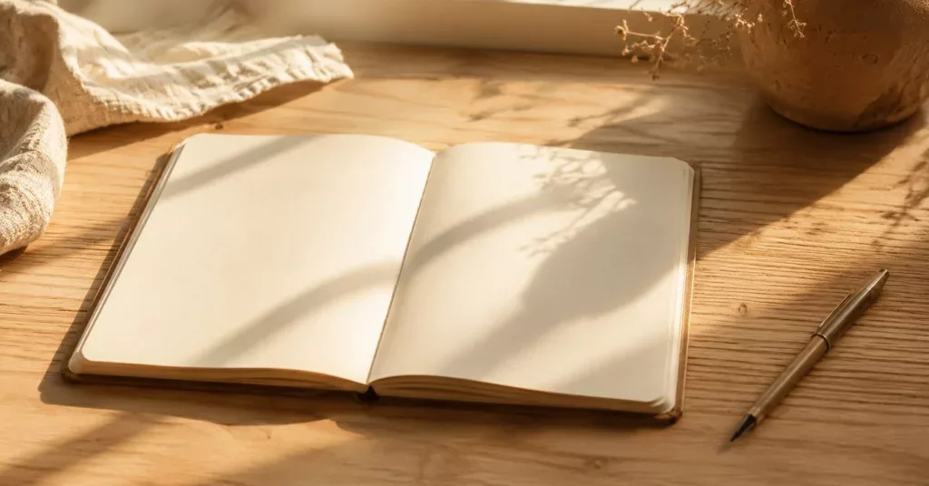 Carnet ouvert sur une table lumineuse — méditation chrétienne vs méditation laïque, la différence entre le vide et le plein