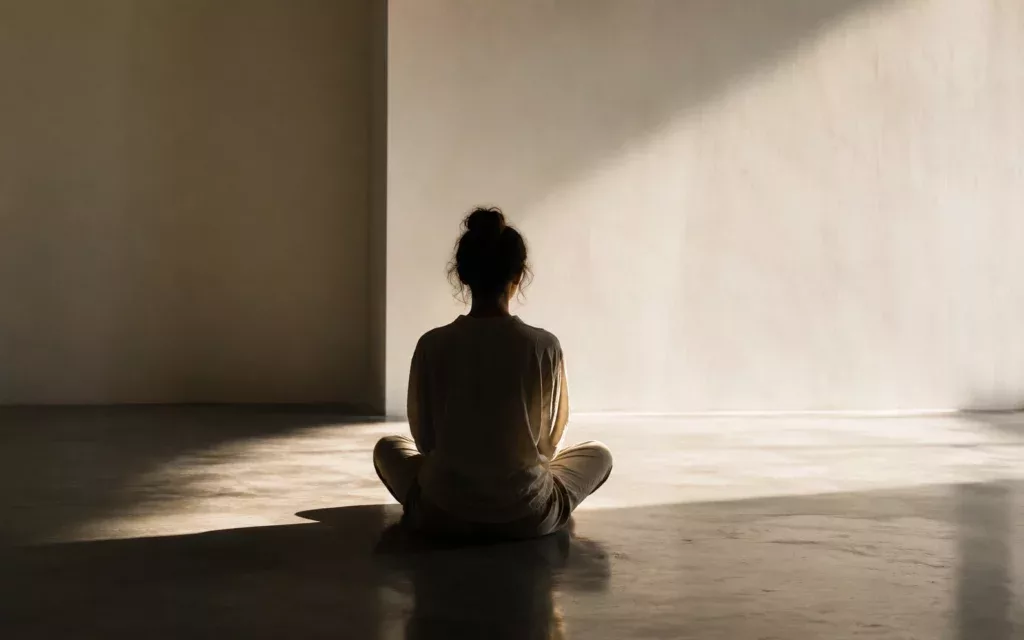Silhouette en méditation dans un espace vide — méditation laïque pleine conscience mindfulness
