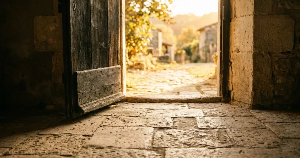Porte entrouverte sur une lumière dorée, symbolisant la protection spirituelle qui se reçoit plutôt qu'elle ne se construit