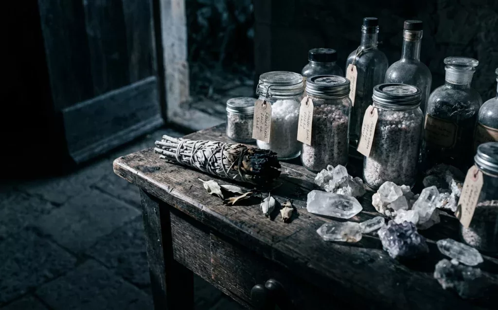 Sel, sauge et cristaux sur une table sombre, illustrant la dépendance aux rituels de protection New Age