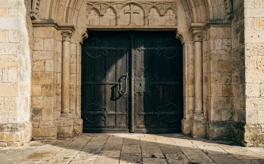 peur du jugement à l'Église — porte ancienne fermée, lumière froide