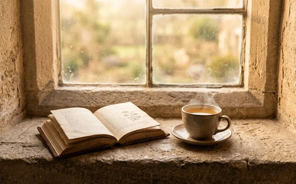 Livre ouvert et tasse fumante sur un rebord de fenêtre baigné de lumière matinale, symbolisant la paix de la foi chrétienne